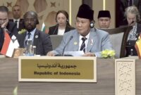 Menteri Pertahanan Prabowo Subianto dalam acara konferensi tingkat tinggi (KTT) “Call for Action: Urgent Humanitarian Response for Gaza” di Yordania. (Dok. Tim Media Prabowo Subianto)

